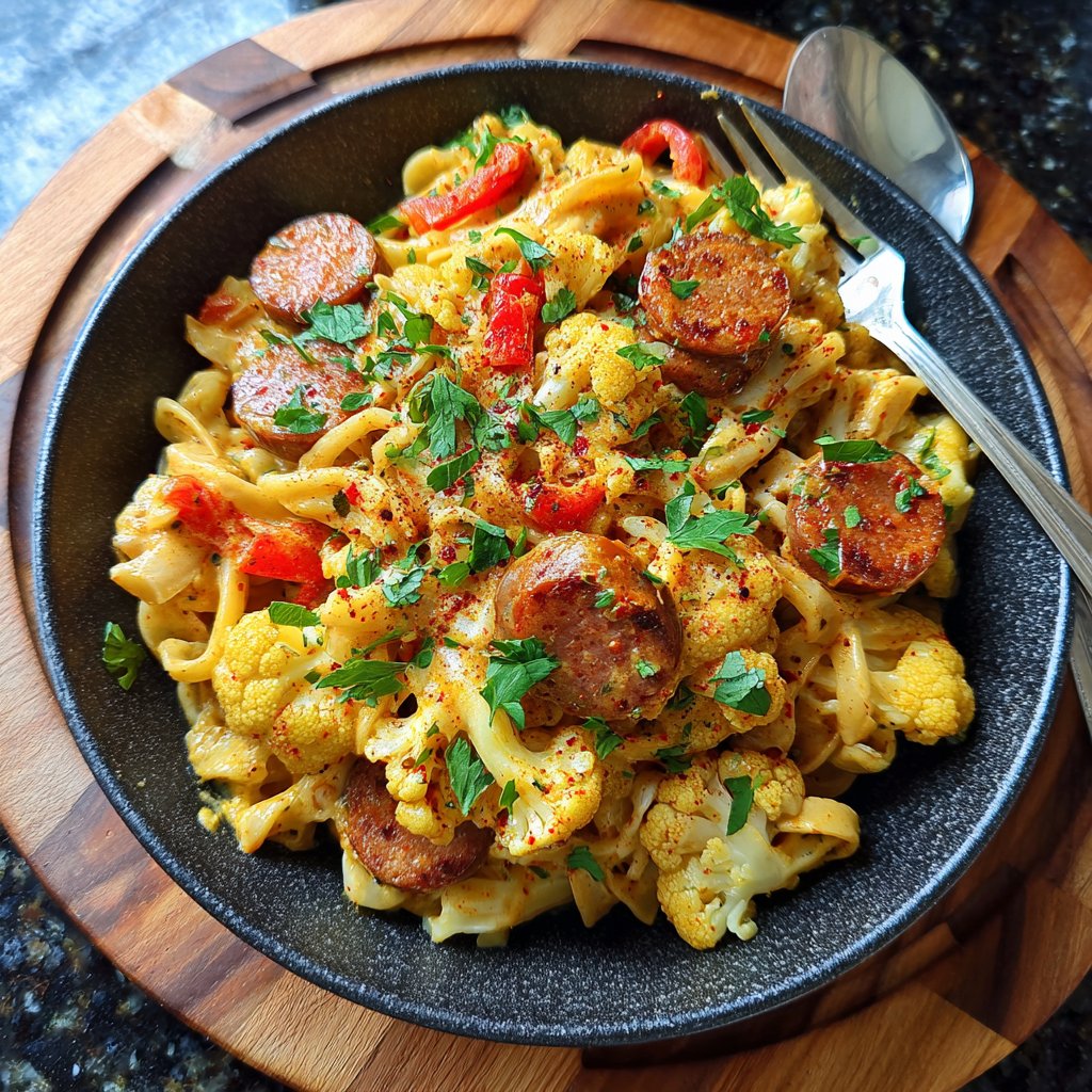 One Pot Cajun Sausage Pasta with Roasted Cauliflower